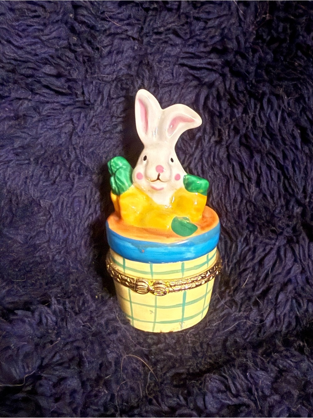Source Unknown Yellow and Blue Bunny Trinket Box with Green Accents